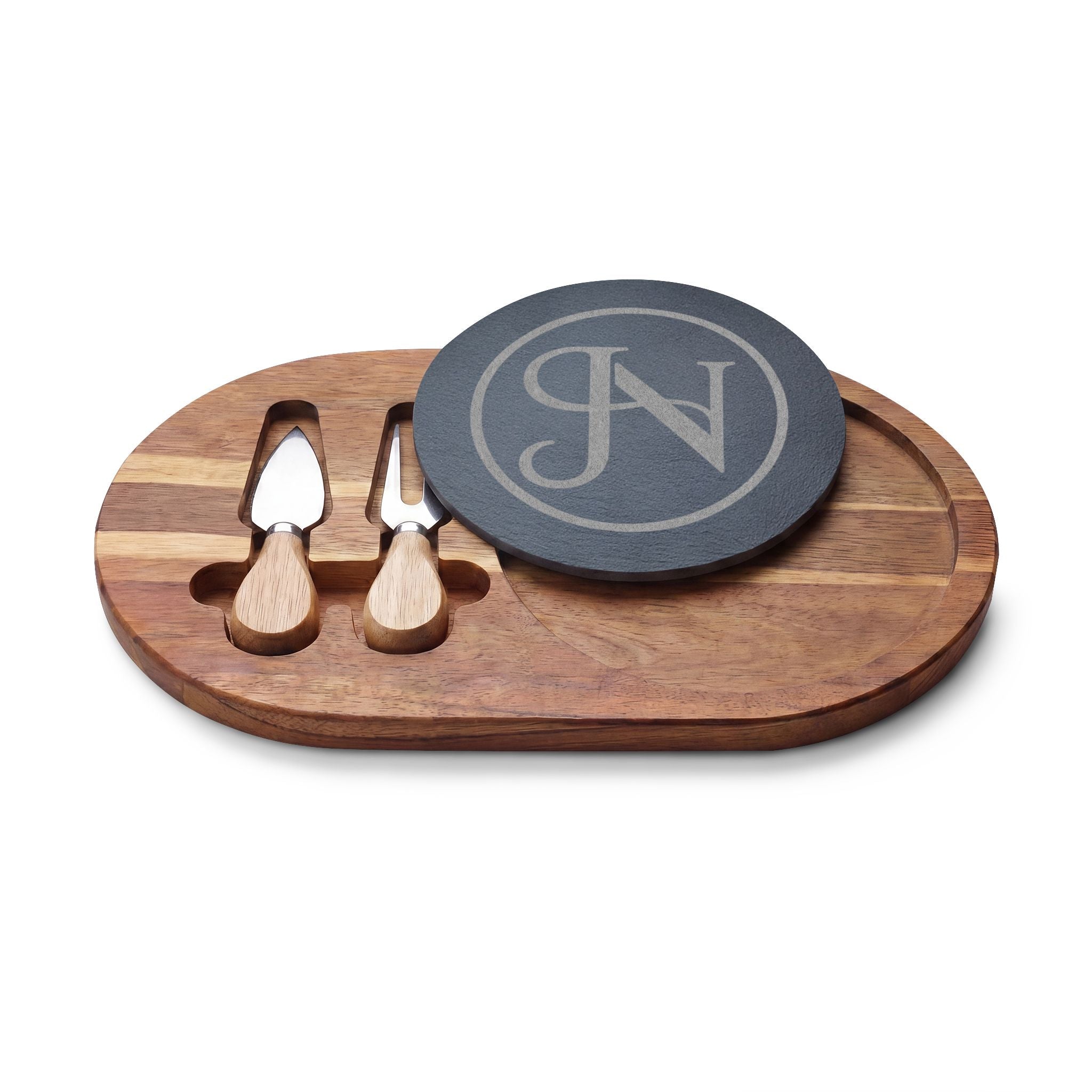 Nigel & Jalen Engraved Monogram Charcuterie Board with Slate Insert & Cheese Knives