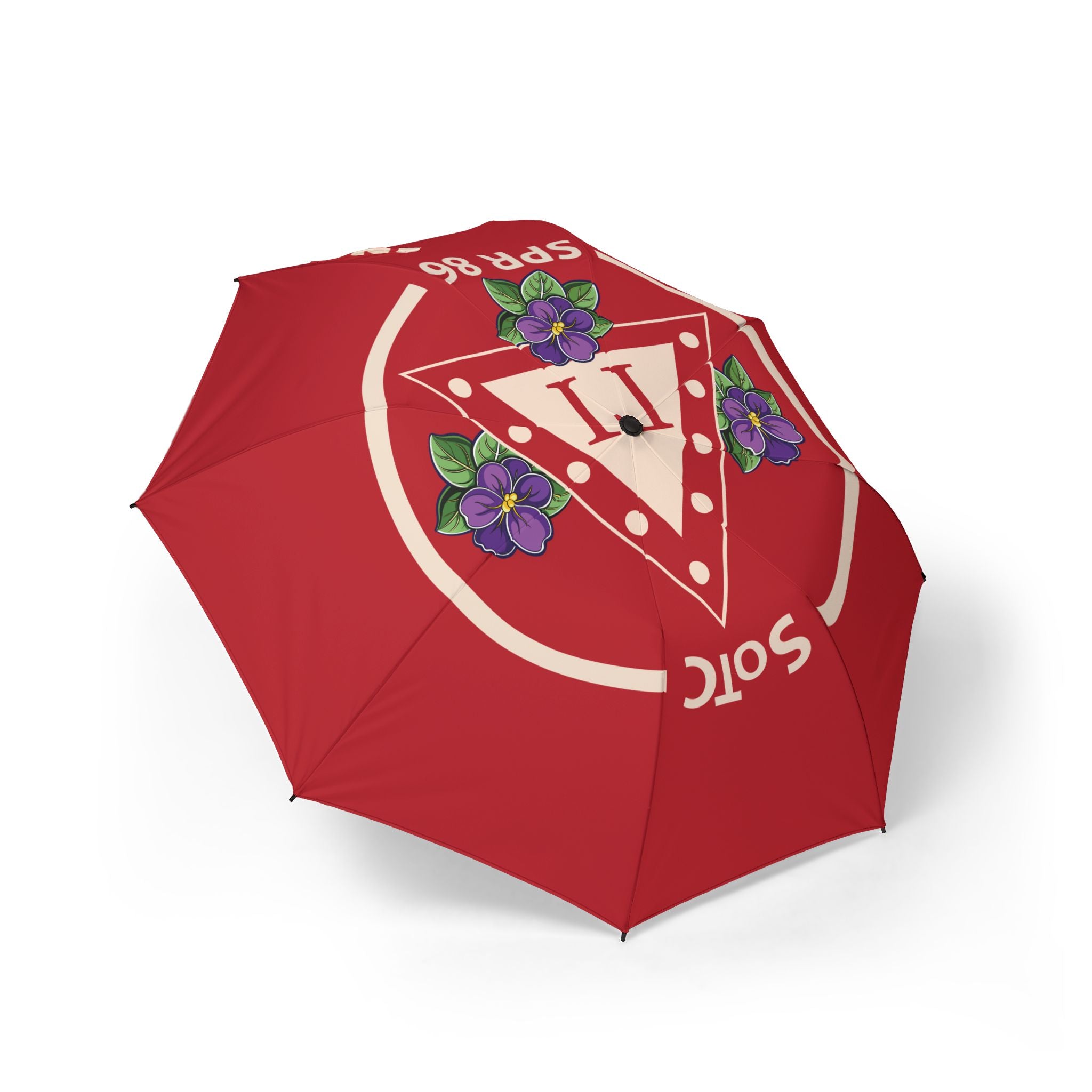 Red Vintage Vibes Foldable Umbrella — 'V' Crest with Pansies, Compact Semi-Automatic Rain Shield