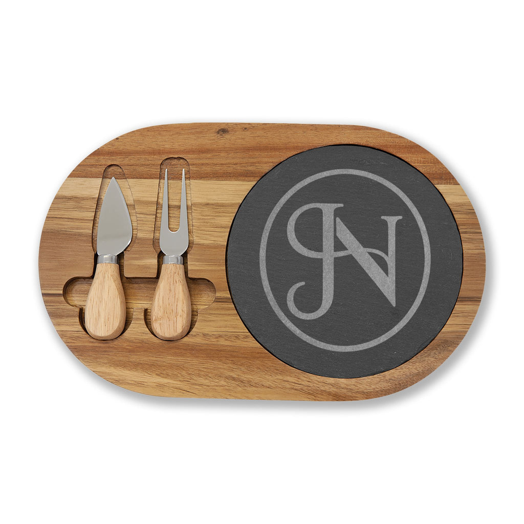 Nigel & Jalen Engraved Monogram Charcuterie Board with Slate Insert & Cheese Knives