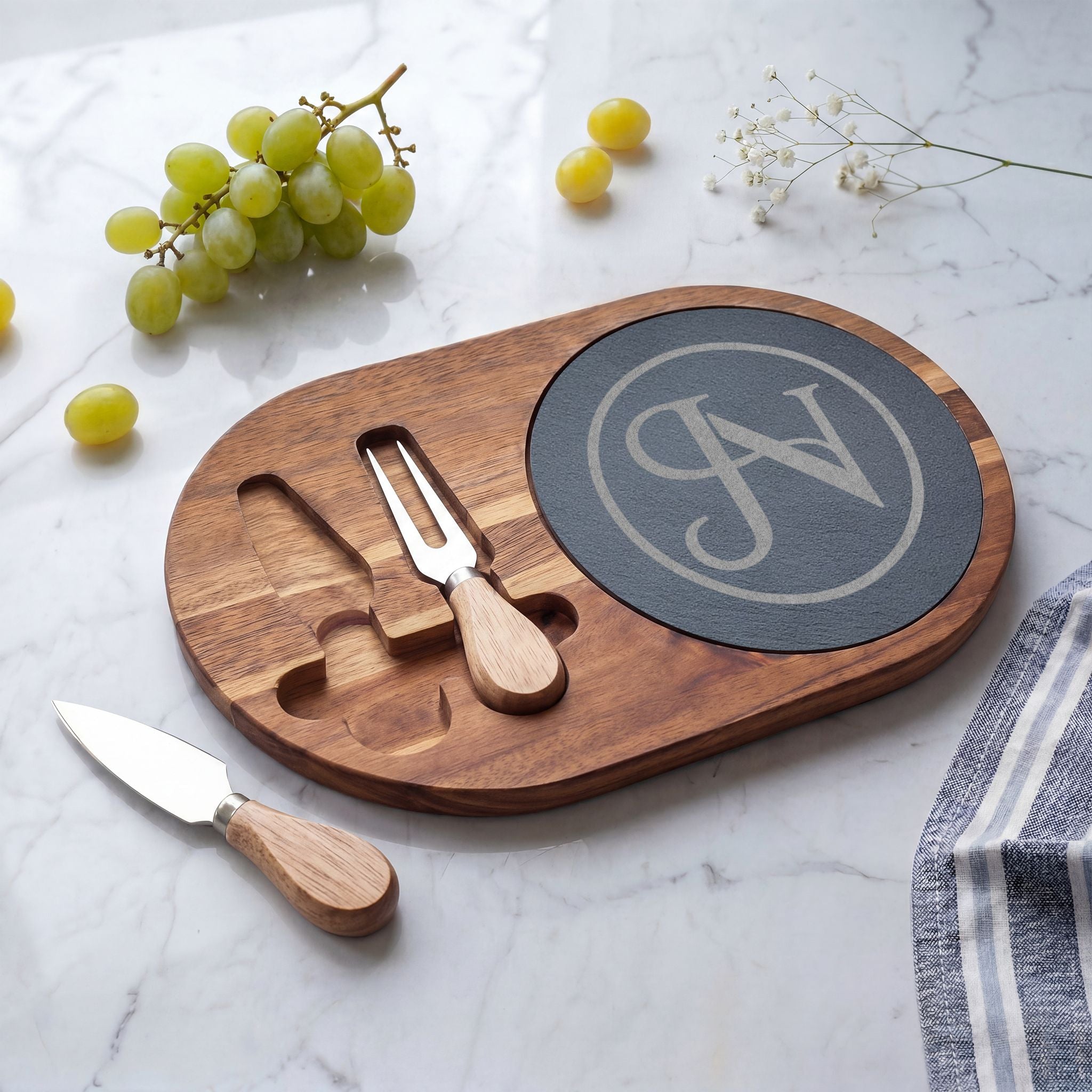Nigel & Jalen Engraved Monogram Charcuterie Board with Slate Insert & Cheese Knives