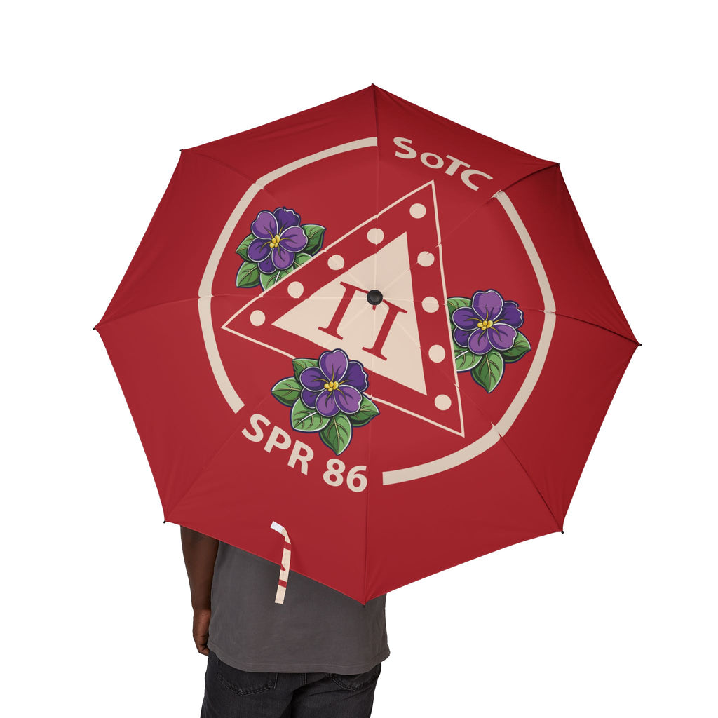Red Vintage Vibes Foldable Umbrella — 'V' Crest with Pansies, Compact Semi-Automatic Rain Shield