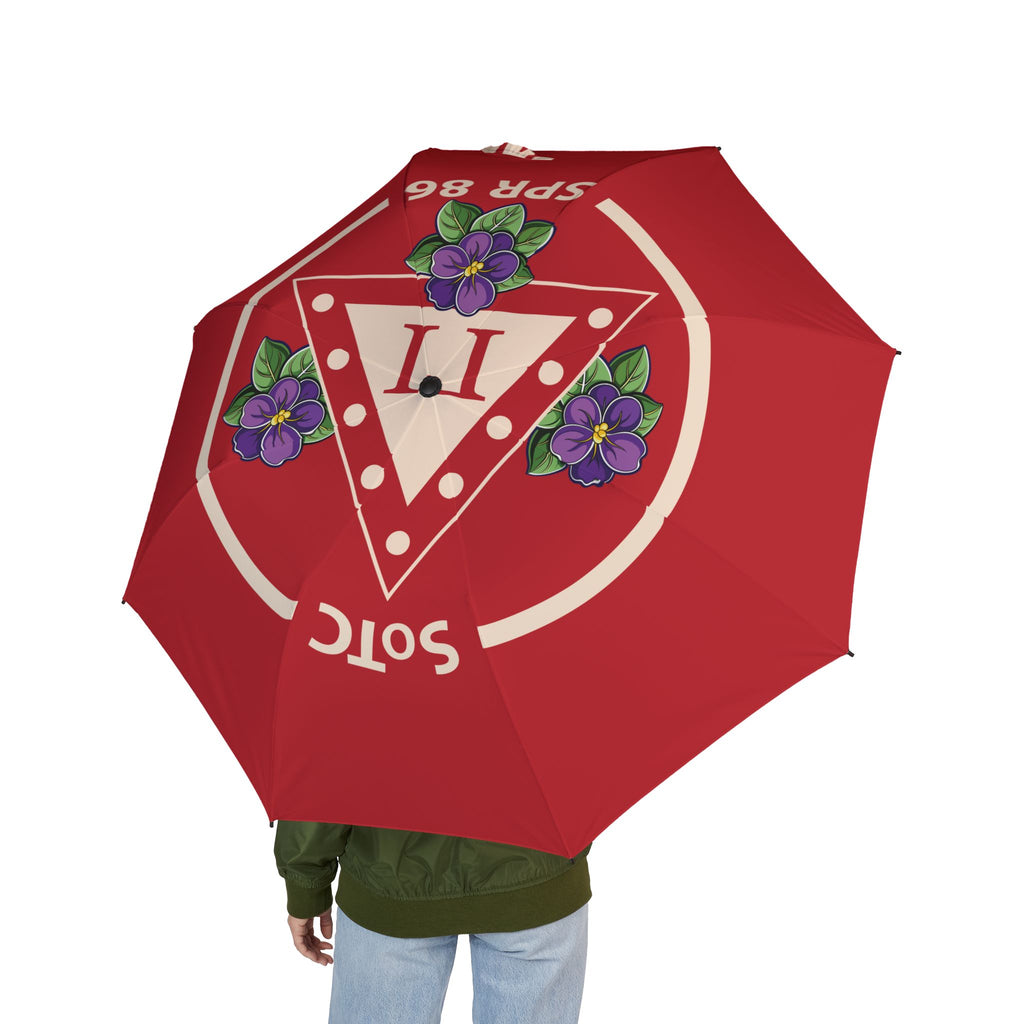 Red Vintage Vibes Foldable Umbrella — 'V' Crest with Pansies, Compact Semi-Automatic Rain Shield