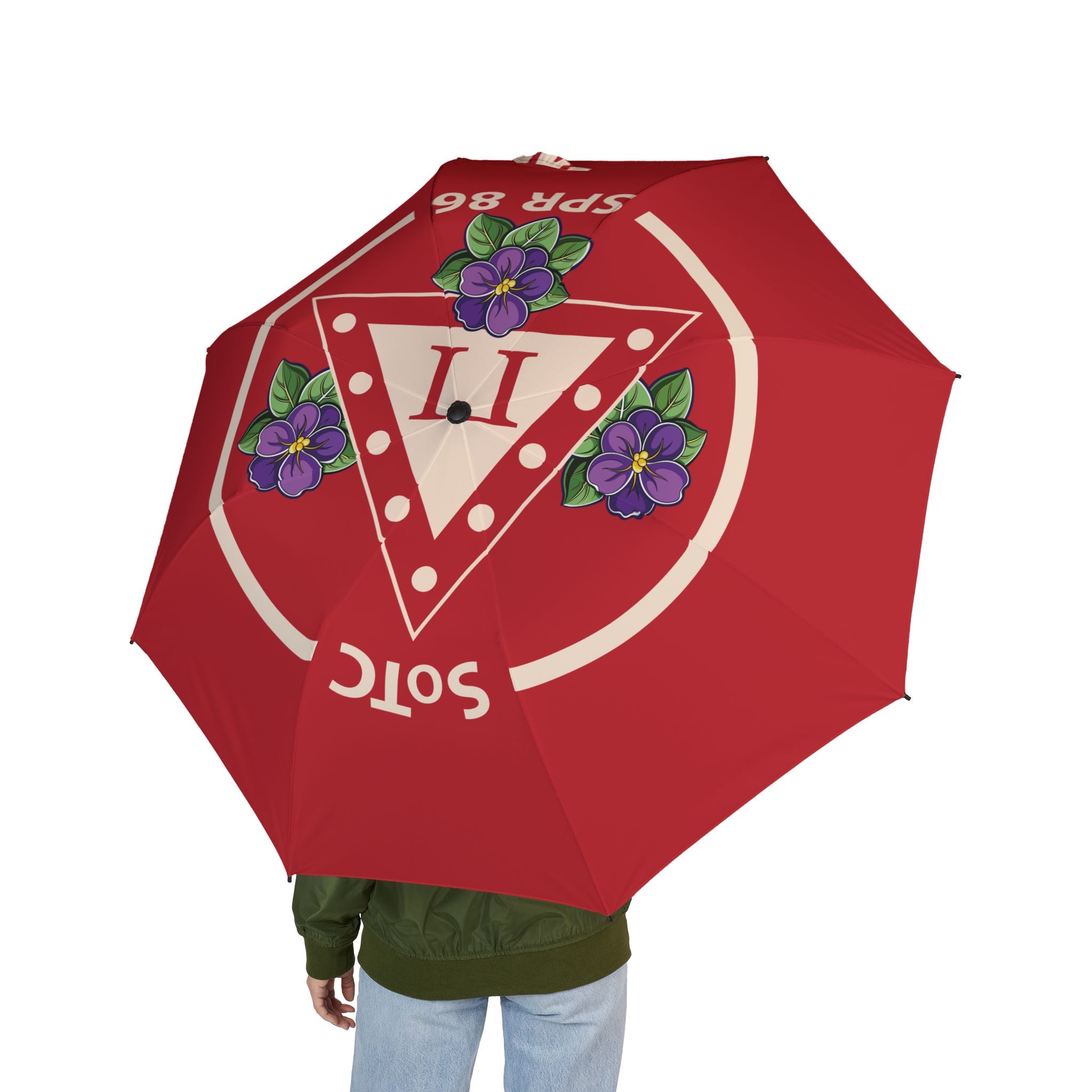 Red Vintage Vibes Foldable Umbrella — 'V' Crest with Pansies, Compact Semi-Automatic Rain Shield