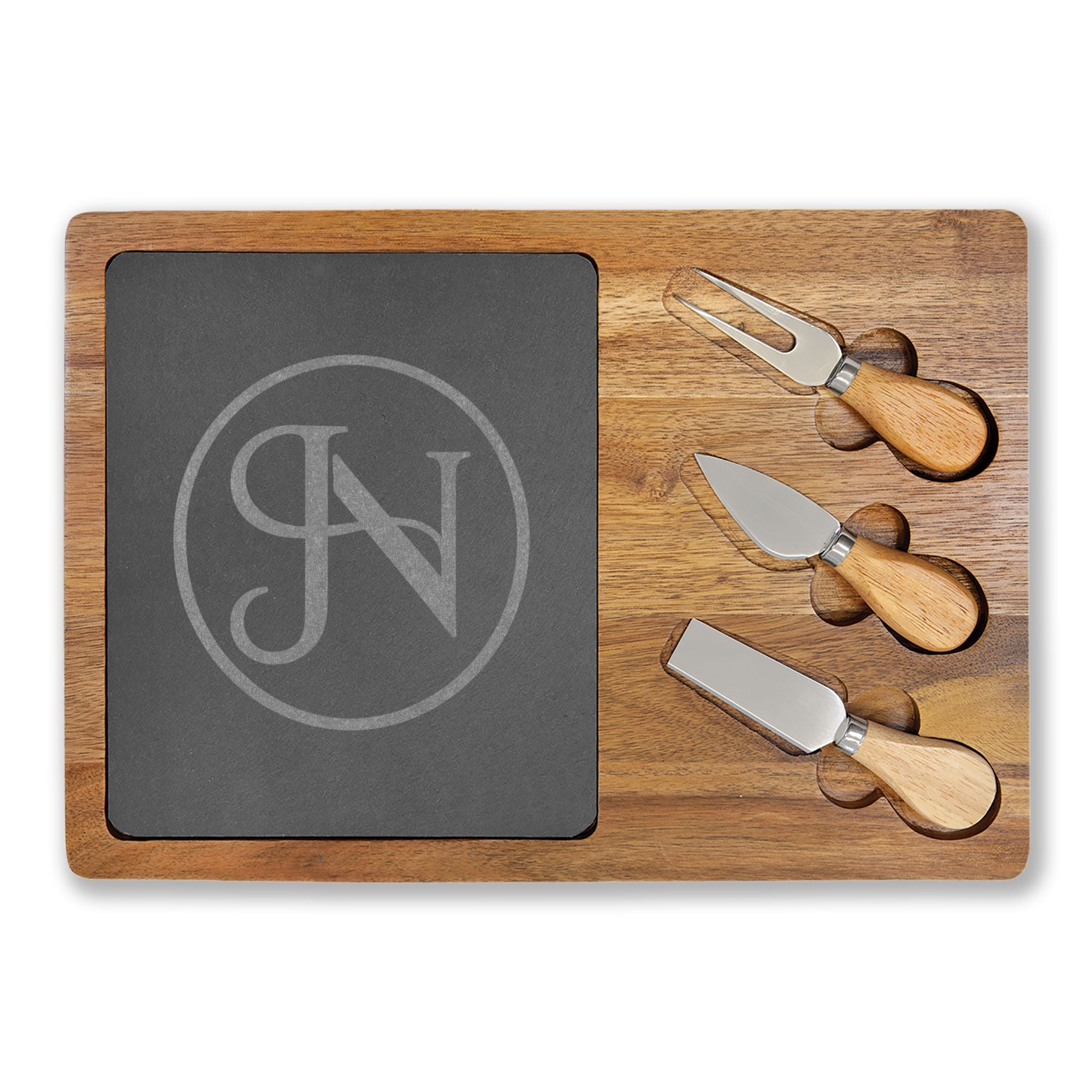 Nigel & Jalen Engraved Monogram Charcuterie Board with Slate Insert & Cheese Knives