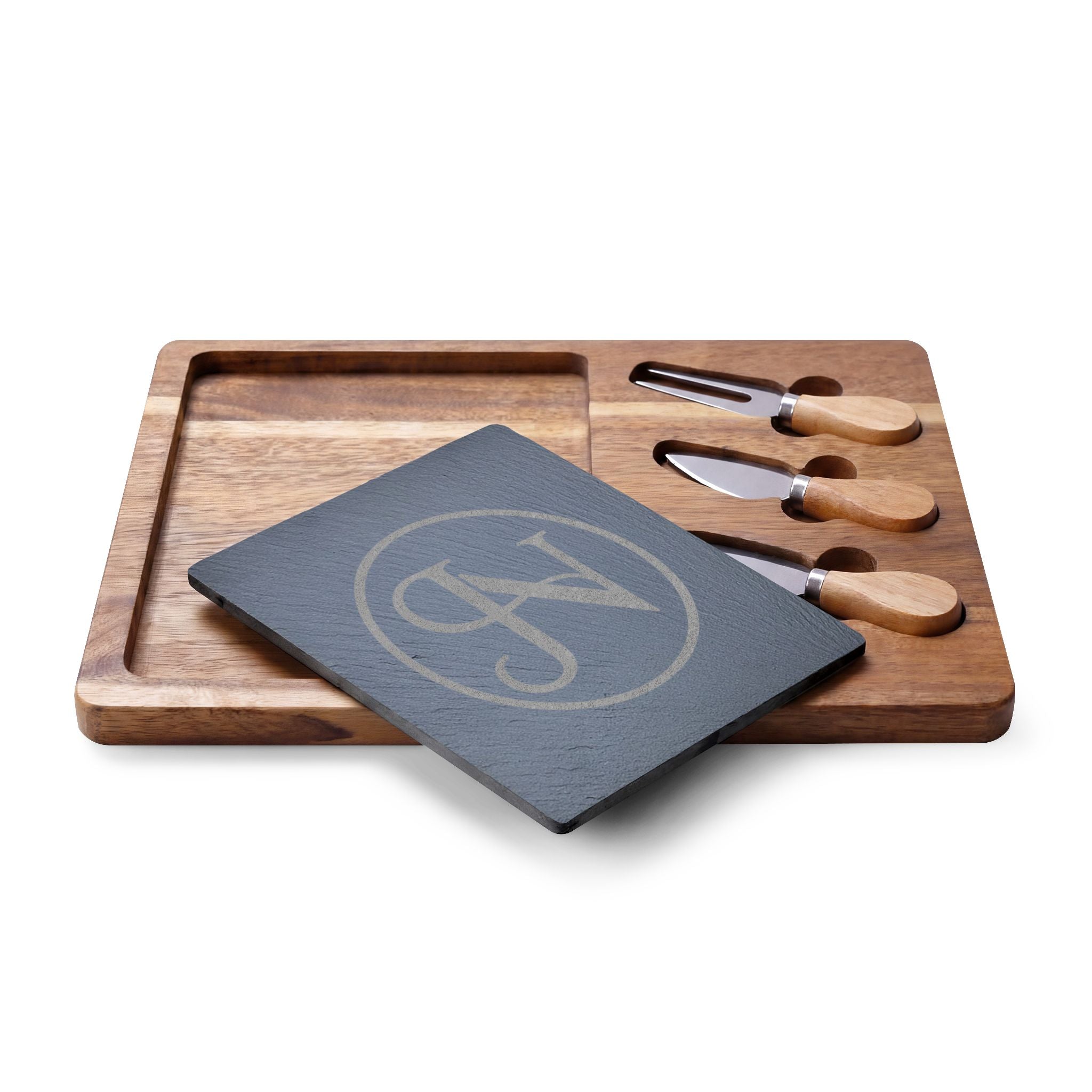 Nigel & Jalen Engraved Monogram Charcuterie Board with Slate Insert & Cheese Knives
