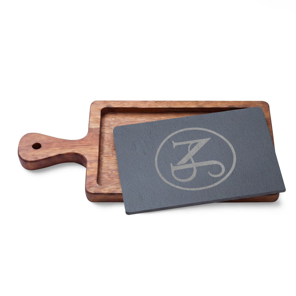 Nigel & Jalen Engraved Monogram Charcuterie Board with Slate Insert & Cheese Knives