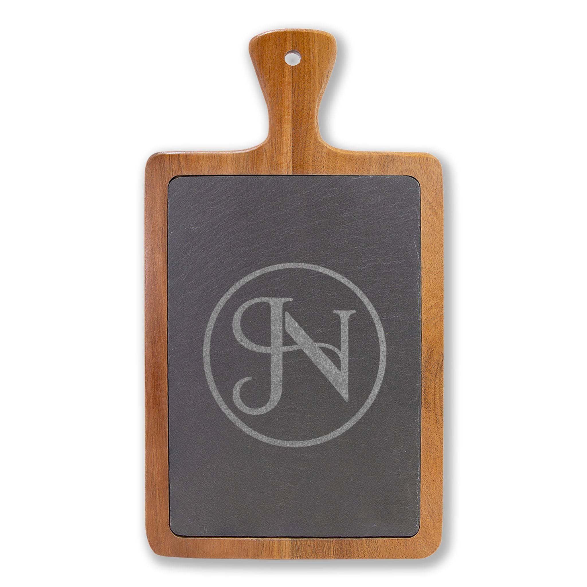 Nigel & Jalen Engraved Monogram Charcuterie Board with Slate Insert & Cheese Knives