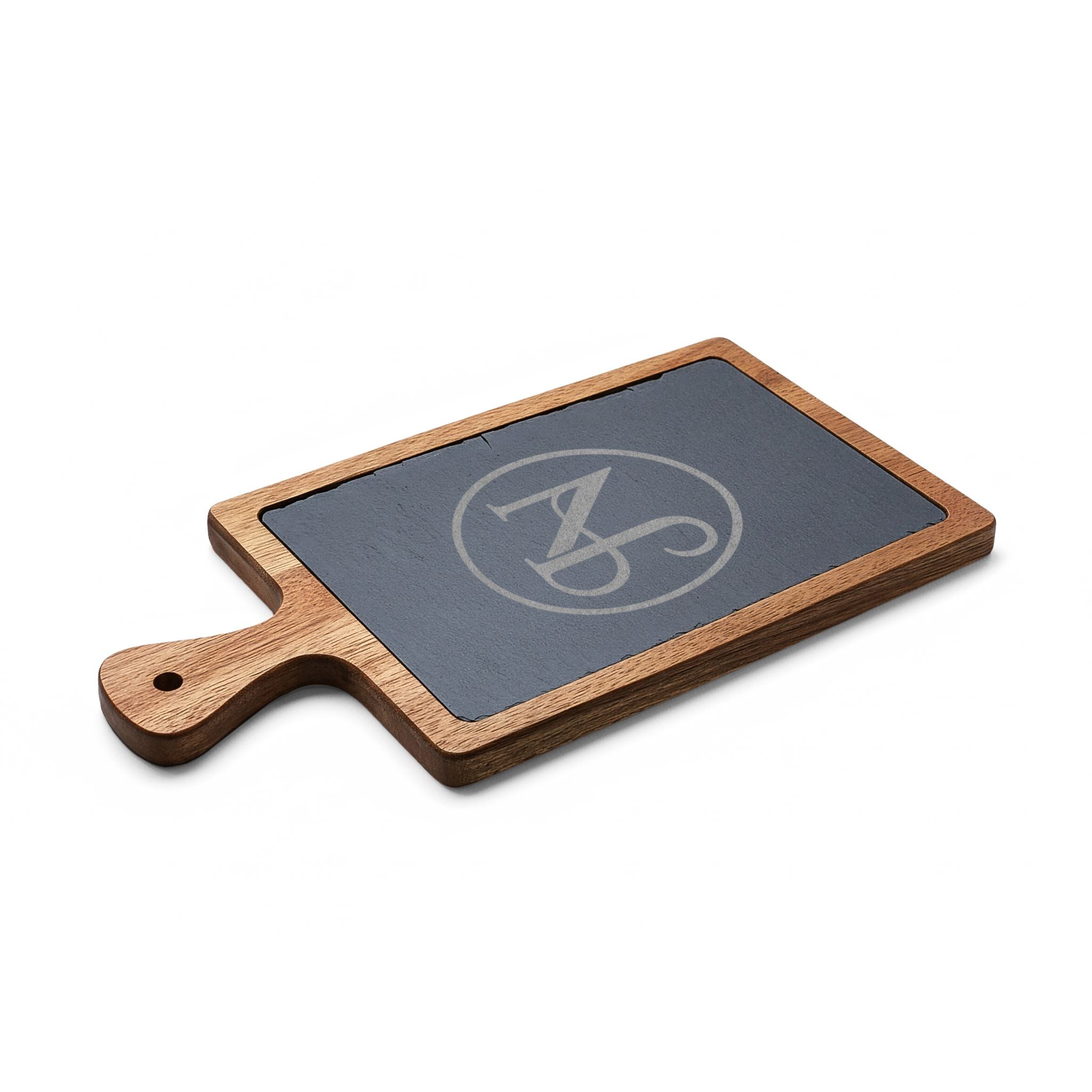 Nigel & Jalen Engraved Monogram Charcuterie Board with Slate Insert & Cheese Knives