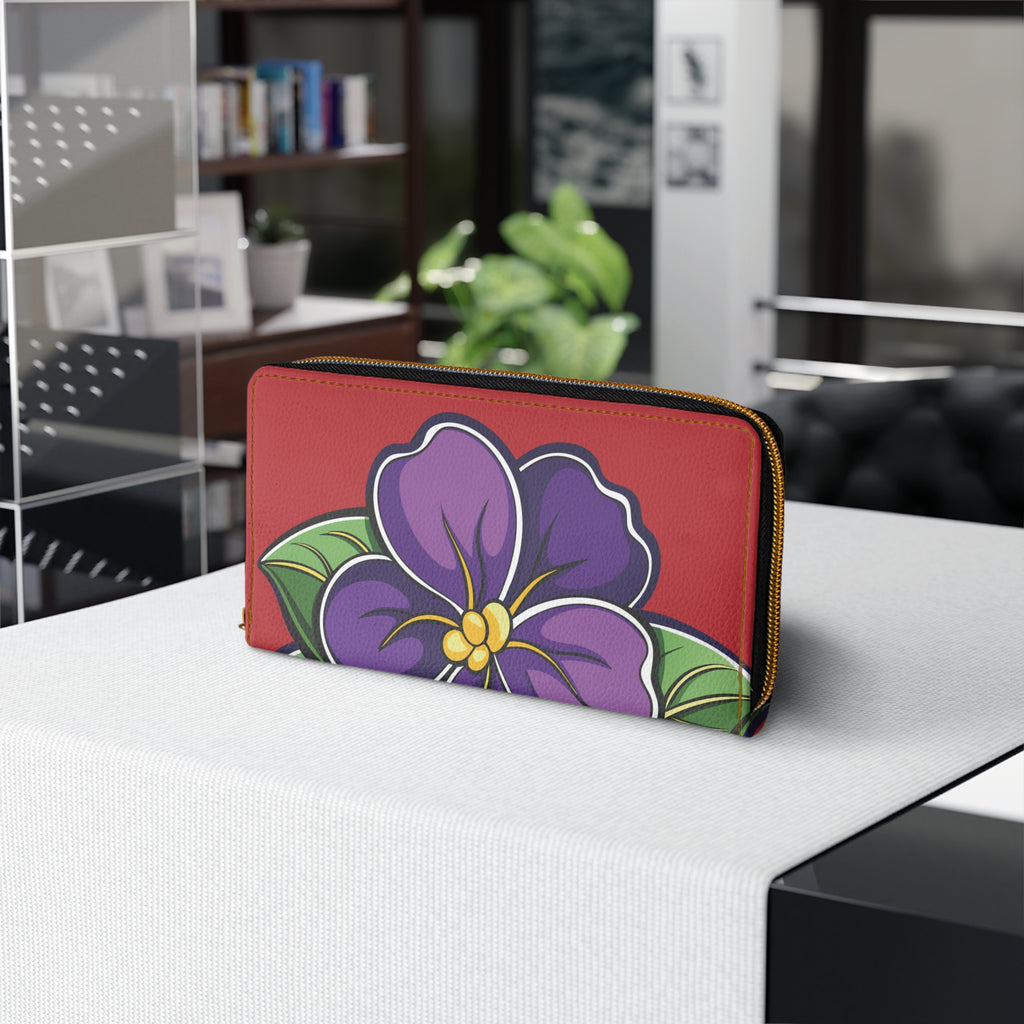 SOTC SPR '86 Floral Zip Wallet — Purple Violets on Red PU Zipper Wallet