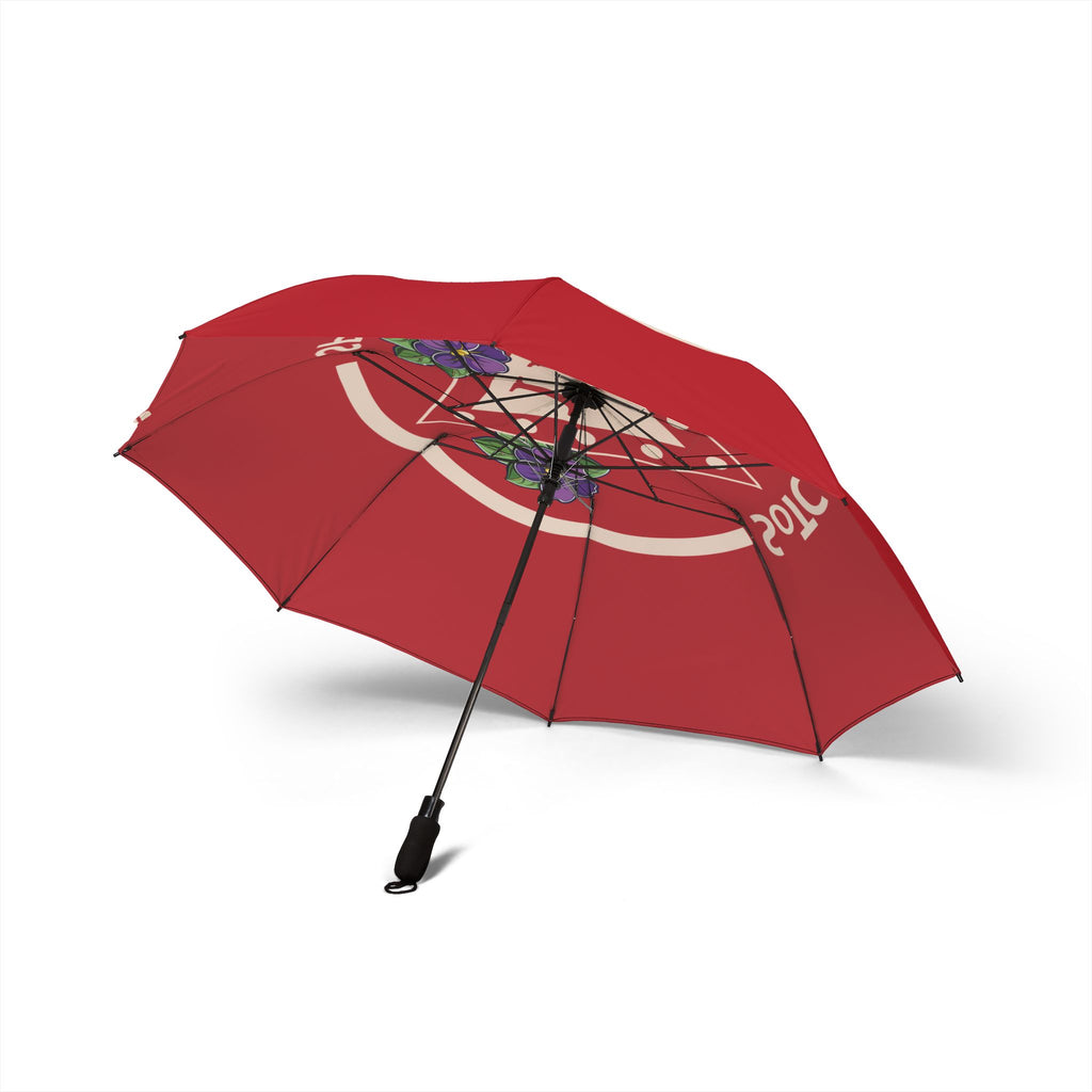 Red Vintage Vibes Foldable Umbrella — 'V' Crest with Pansies, Compact Semi-Automatic Rain Shield