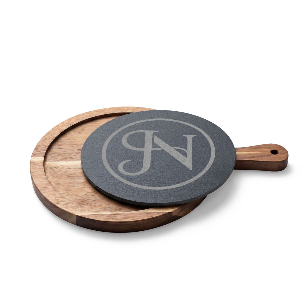 Nigel & Jalen Engraved Monogram Charcuterie Board with Slate Insert & Cheese Knives