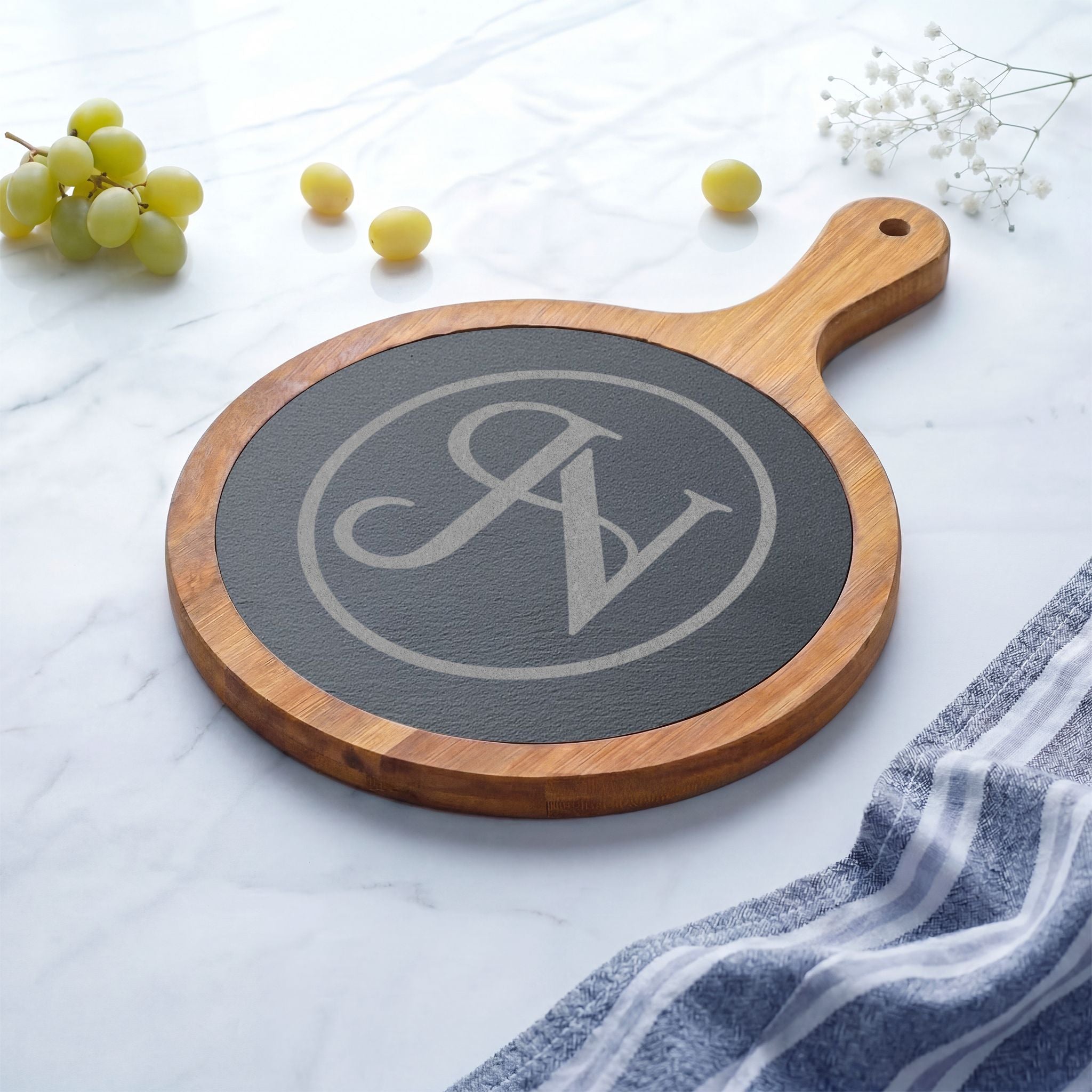 Nigel & Jalen Engraved Monogram Charcuterie Board with Slate Insert & Cheese Knives