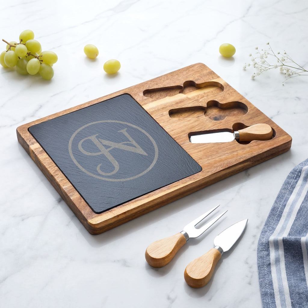 Nigel & Jalen Engraved Monogram Charcuterie Board with Slate Insert & Cheese Knives