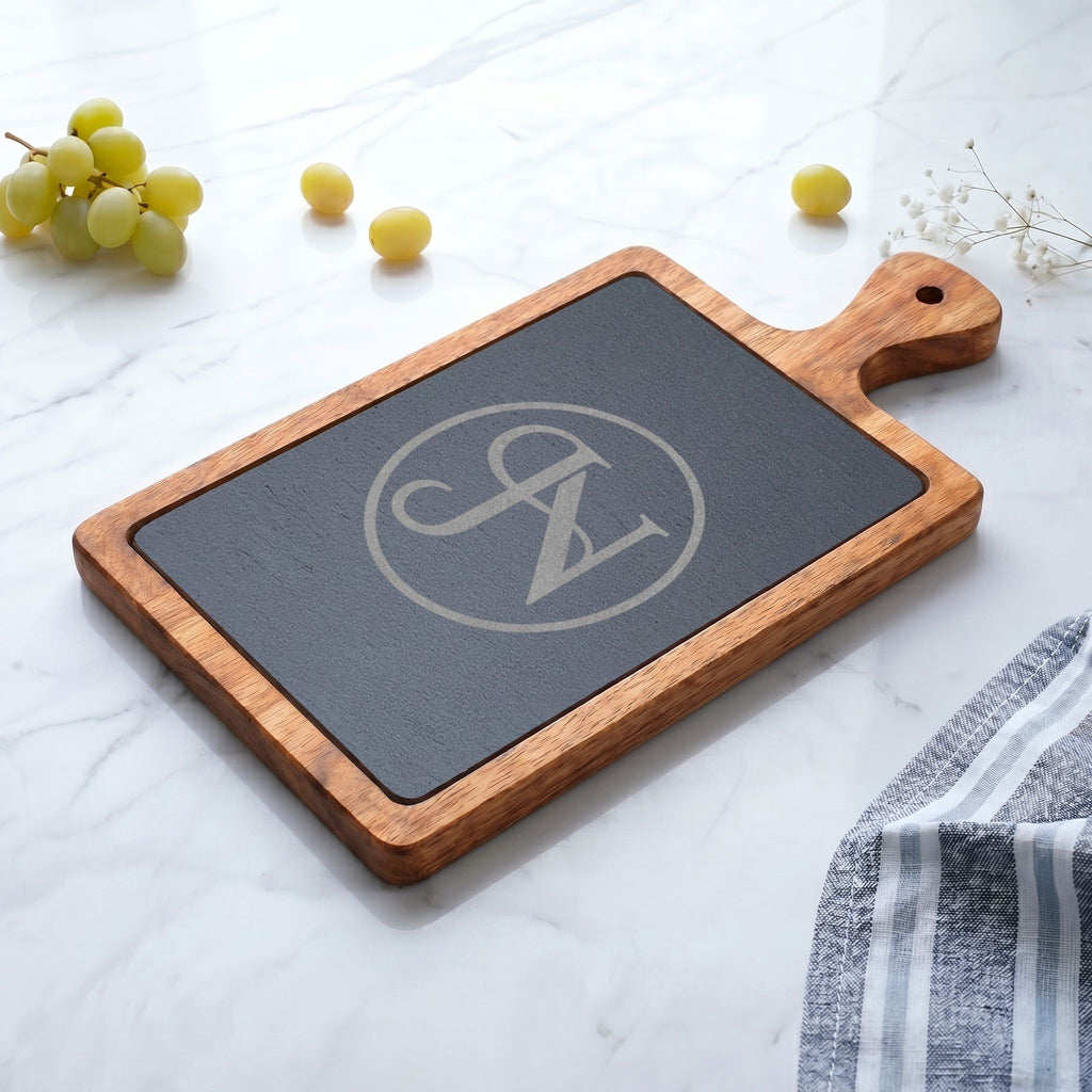 Nigel & Jalen Engraved Monogram Charcuterie Board with Slate Insert & Cheese Knives