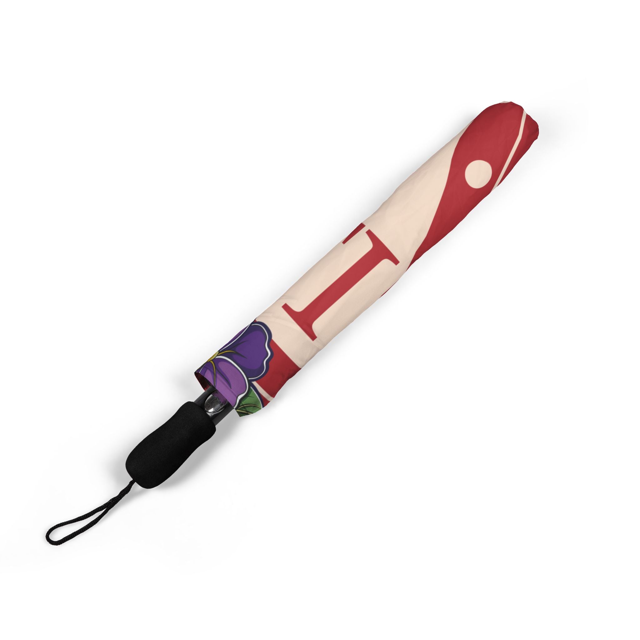Red Vintage Vibes Foldable Umbrella — 'V' Crest with Pansies, Compact Semi-Automatic Rain Shield