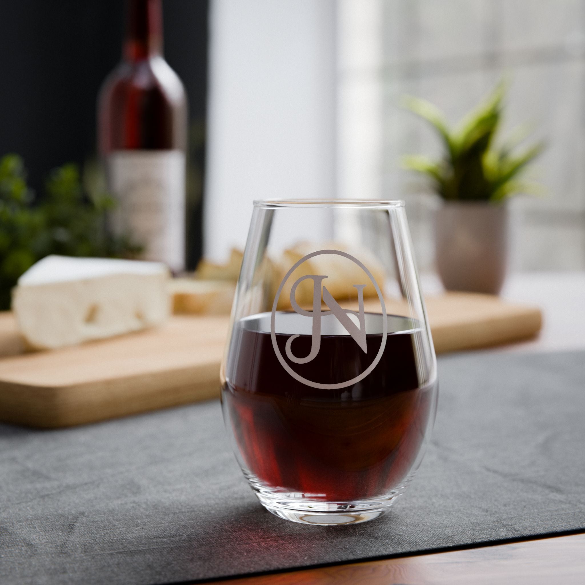 Nigel & Jalen Monogram Etched Stemless Wine Glass — 11.75 oz