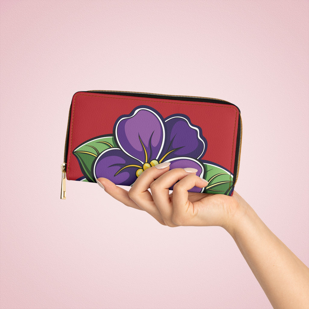 SOTC SPR '86 Floral Zip Wallet — Purple Violets on Red PU Zipper Wallet